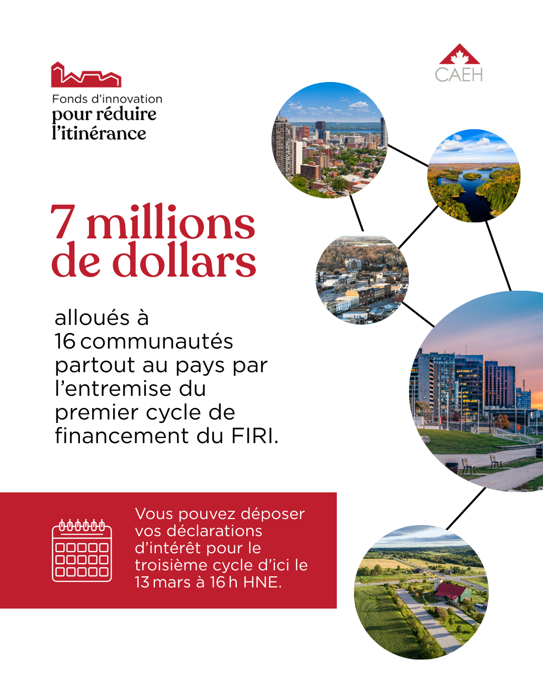 7 millions de dollars ont été alloués à 16 communautés partout au pays dans le cadre du premier cycle de financement. Vous pouvez déposer vos déclarations d'intérêt pour le troisième cycle d'ici le 13 mars à 16h HNE